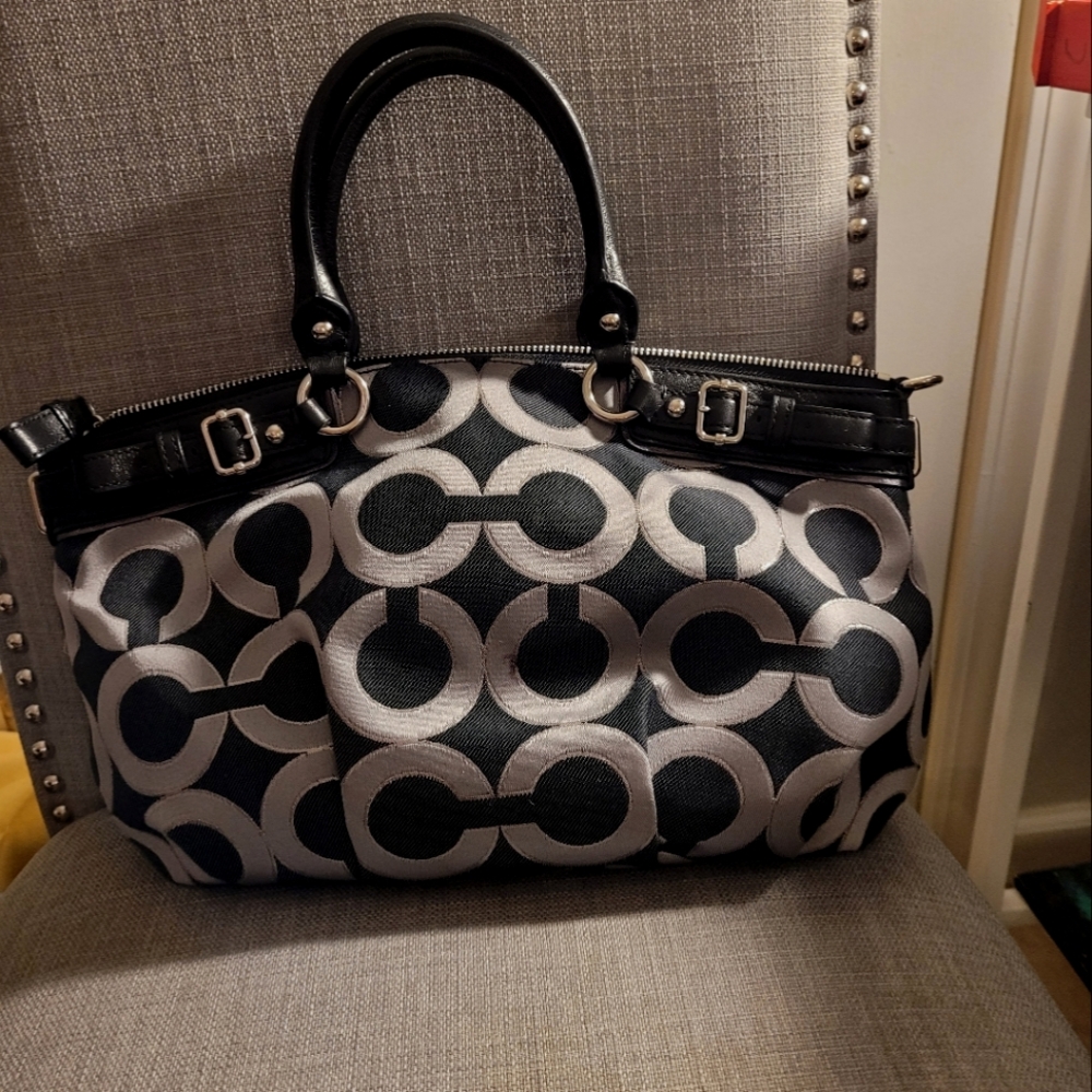 Coach Signature 18608 OpArt Black Silver Sateen Satchel Handbag Purse Black